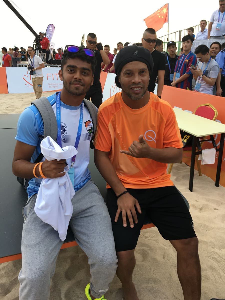 Vinit Jain with Ronaldinho at the 2019 Asian-Pacific Teqball Cup, China